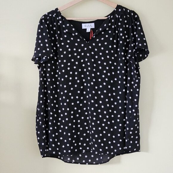 ELLE Top Women XL Black White Polka Dot Pull On Semi Sheer Flowy Flutter SS Boho - Picture 12 of 13